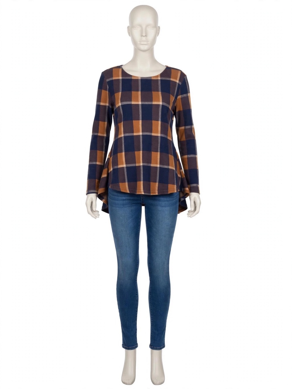 Umgee Navy and Brown Plaid High-Low Long Sleeve Top